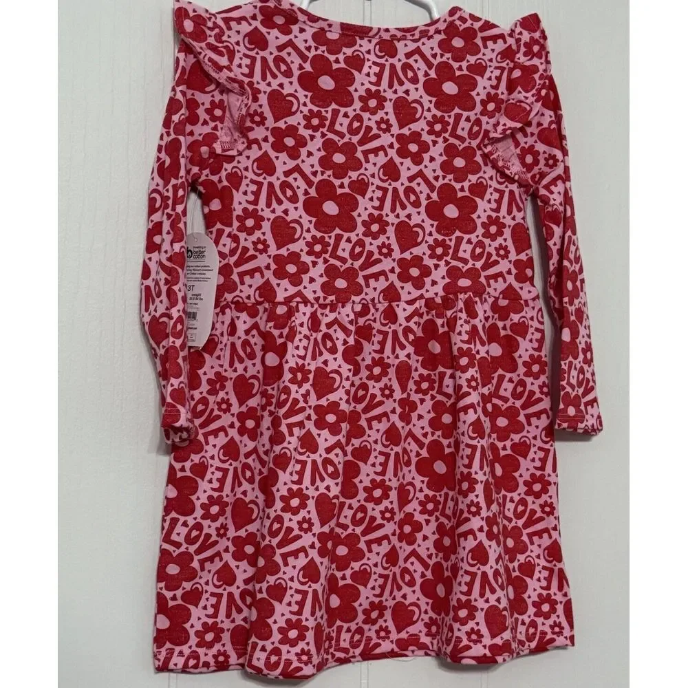 Valentine Dress 4T Heart‎ Flower Love Print Red/Pink, Long Sleeve Wonder Nation
